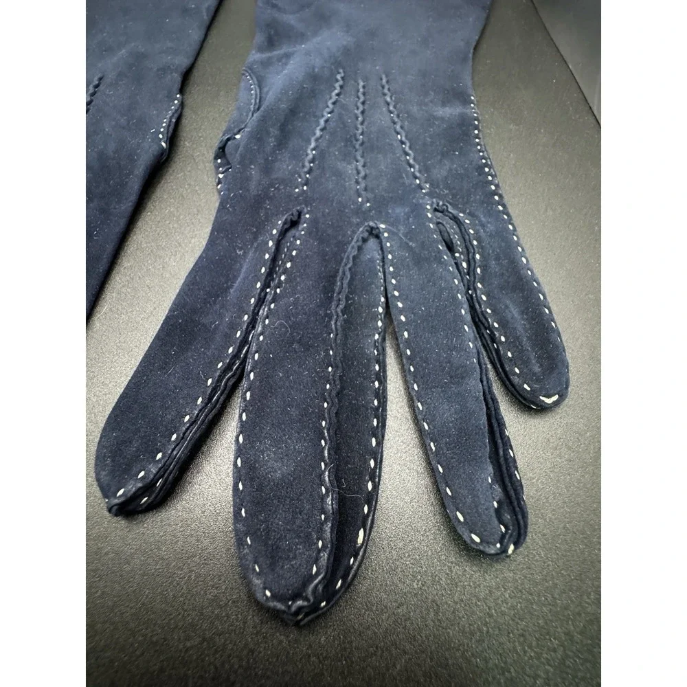 Vintage Blue‎ Suede With Decorative White Stitching Driving Gloves